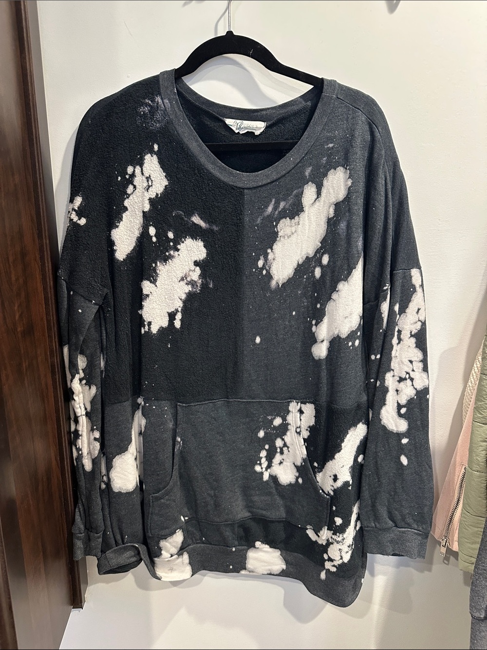 Black with White Bleach-Splash Crew Pullover